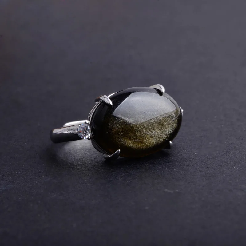 CSJ Pravi Naravni Obsidian Obroči Sterling Srebro 925 Velik Kamen Zlato Oči Obsidian Oval12*14 mm Fine Nakit za Moški in Ženske