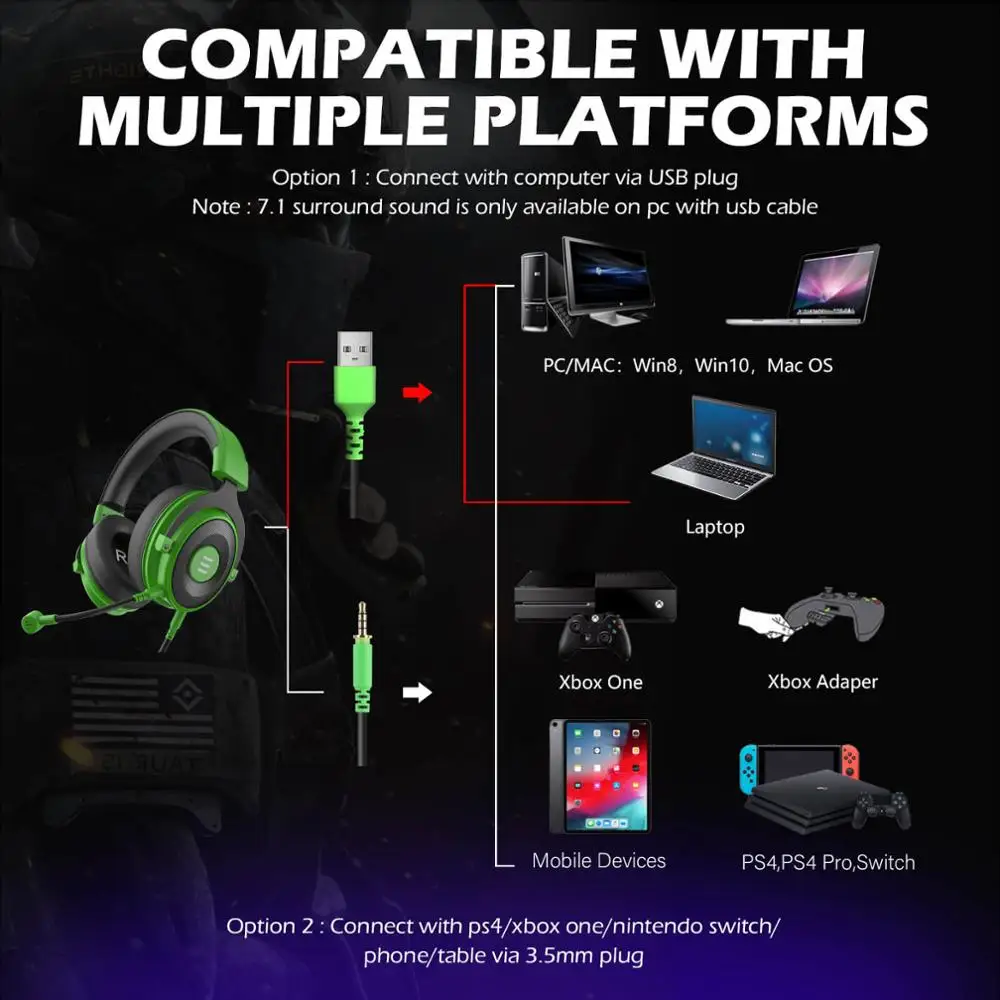 EKSA Žične Slušalke E900 Pro Gaming Slušalke Igralec 7.1 Surround USB/3.5 mm 2V1 Slušalke z Mikrofonom Za PS4 Xbox PC Telefon