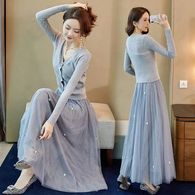 Elegantno 3 Kos Postavlja ženske obleko korejski Beading Naguban Očesa Krilo + V-Vratu Pletene Cardigan + Vrhovi Tank Pomladni Vintage Elegantna Obleka