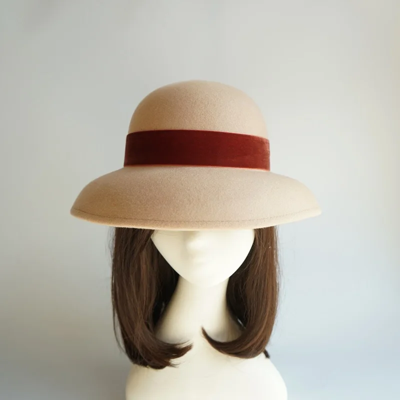 Francoski elegantno zvončaste klobuk Žametnim trakom dekoracijo retro kamele volne klobučevine klobuk ženski Britanski divje original Hepburn počutil klobuk