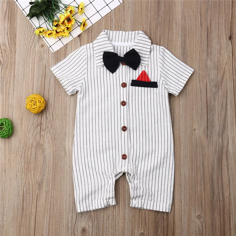 Gospodje Baby Boy Novorojenčka Bowtie Trak Romper Jumpsuit Obleke Formalno Svate Kratek Rokav En Kos Obleke Poletje
