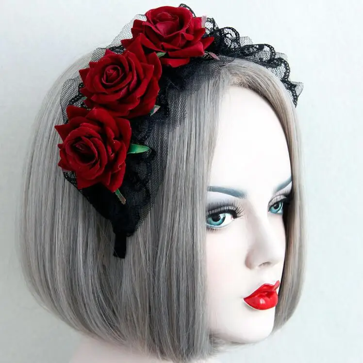 Gothic letnik rdeče rose black čipke, trakovi ženske sladko široko lase hoop lolita dekleta, lase, nakit svate pokrivala tiaras
