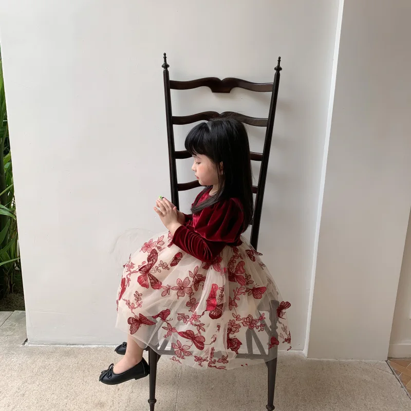 Jeseni Nov Prihod korejski stil modni princesa dolg rokav stranka obleko z metulj vzorec za cute sweet baby dekleta