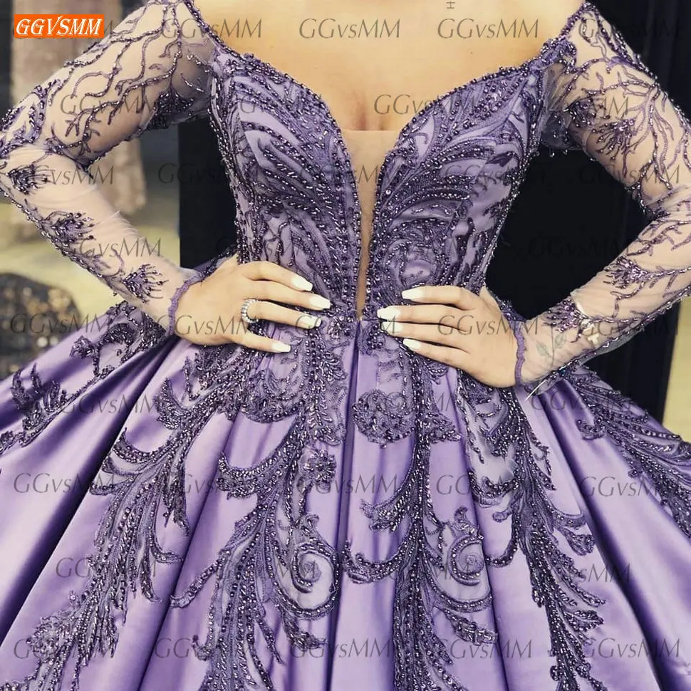 Lilac Purple Beaded Prom Obleke, Dolge Rokave 2021 Vestido De Fiesta Largo Saten Ženske Stranka Oblek Po Meri Vestidos Formales