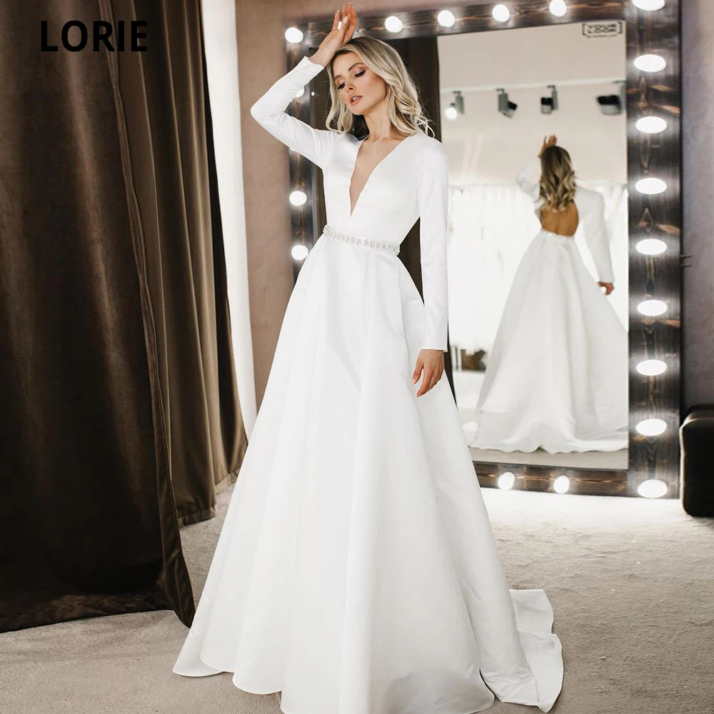 LORIE Preprost Dolge Rokave Poročne Obleke z Beaded Pasu Odpri Nazaj Haljo de Mariee Prilagojene A-line Poročne Obleke Plus Velikost 2021