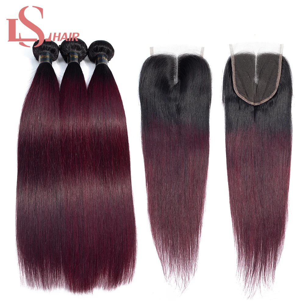 LS Lase ombre barvne remy človeških las 1B/99J/350/Burgundija/roza/Rdeče lase 3 snope z čipke zaprtje 4*4 ravne lase razširitve