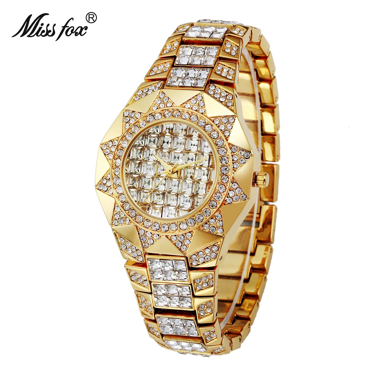 MISSFOX Štruce Diamond Gledajo Moški Nepremočljiva 18K Zlato Visoke Kakovosti Mens Ure Top blagovne Znamke Luksuzni Quartz uro Sonce Moška Ura