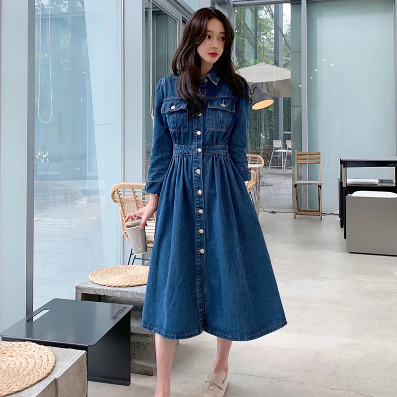 Moda za ženske obleko 2020 jeseni novi korejski slog temperament pasu hujšanje elastični pas velikem zamahu krilo dolgo jeansa obleko