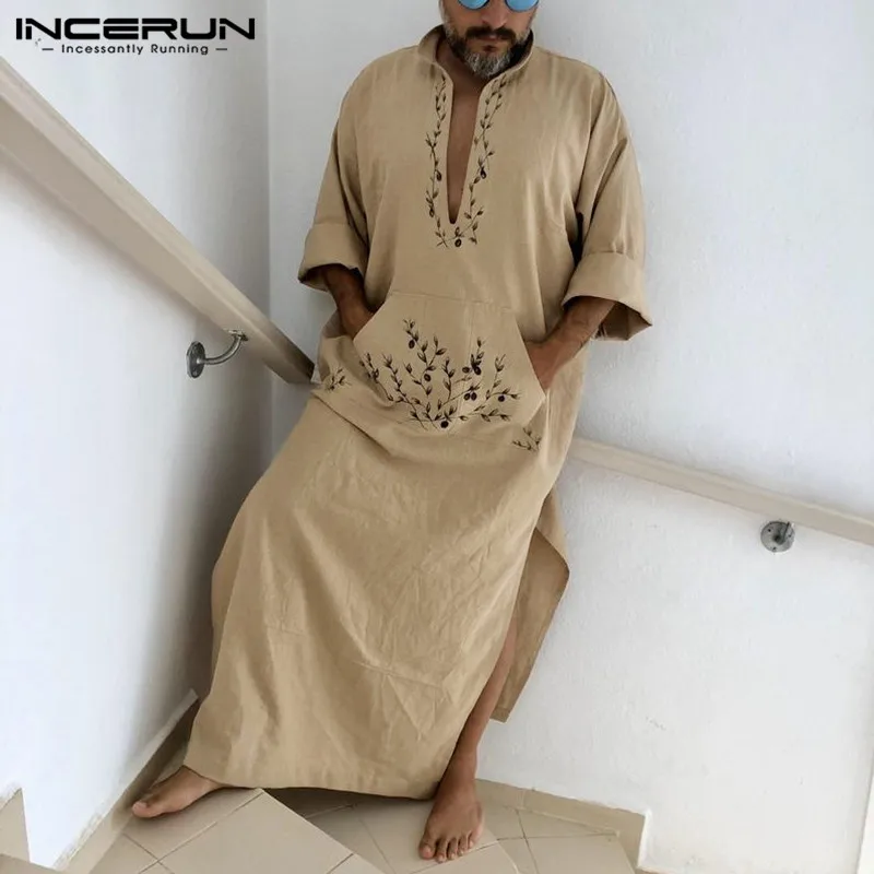 Moški Musliman Jubba Thobe Dolg Rokav V Vratu Žepi Natisnjeni Priložnostne Obleke Arabski Islamski tam kaftan Bližnjem Vzhodu Moških Caftan S-5XL INCERUN
