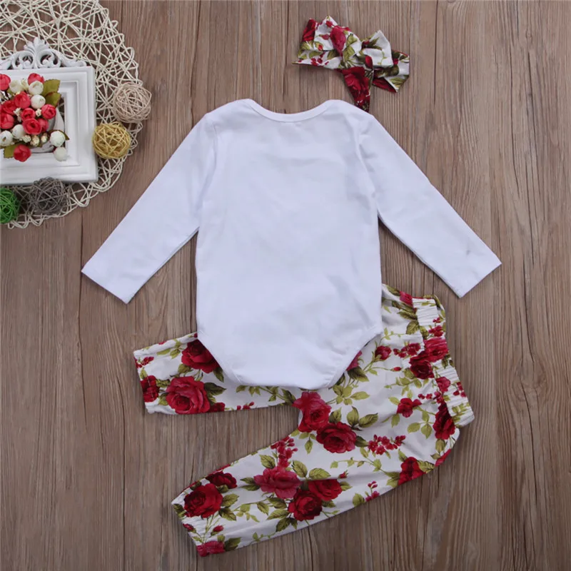 Newborn Baby Dekle Cvetlični Oblačila, ki Long Sleeve Srce Jumpsuit Obleka, Cvetlični Hlače Glavo, Dekleta Obleke Obleke 3PCs