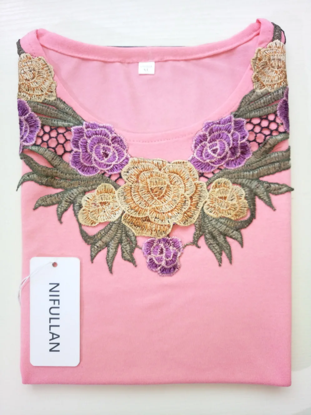 NIFULLAN Moda za Ženske Bombaž + Šifon Dolg Rokav T-shirt Lady Plus Velikost Tee Srajce Jeseni Mati Vrh Vezenje Oblačil