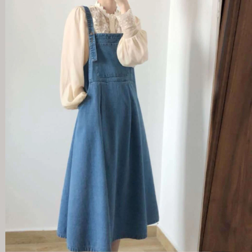 Obleka Ženske Modrega Jeansa Prosti čas korejskem Slogu Temperament Moda Stilsko Sladko Ženska Obleke Trdna Svoboden Žepi Vse-tekmo Dnevno