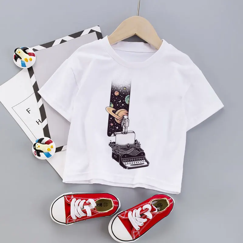 Poletje Nova Bela Natisnjeni T-shirt Dekle Oblačila Sci-fi Prostor Fant Obleke Astronavt Priložnostne Beli Otroci T-shirt Krog Vratu Fant Tshirt