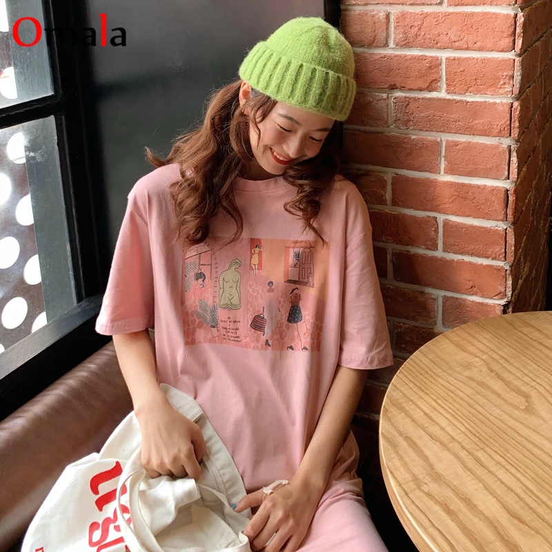 Poletje risanka Natisniti Tee Majica korejski Kawaii kratek rokav T Shirt Smešno roza tshirt ženske tumblr harajuku oblačila, dolge majice