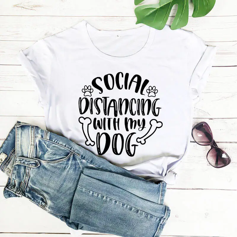 Socialni Oddaljujejo Z Moj Pes nov prihod 2020 bombaž smešno t shirt Socialne Oddaljujejo srajce Karanteno Majica Pes Ljubimec Tee