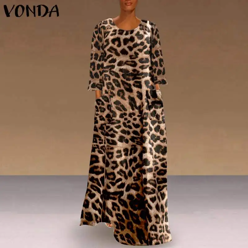 Spomladi Dolgo Obleko Maxi Ženske'Robe Dolg Rokav Leopard Tiskanja Sundress 2021 VONDA Bohemian Počitnice Obleko Priložnostne Vestidos Plus Velikost
