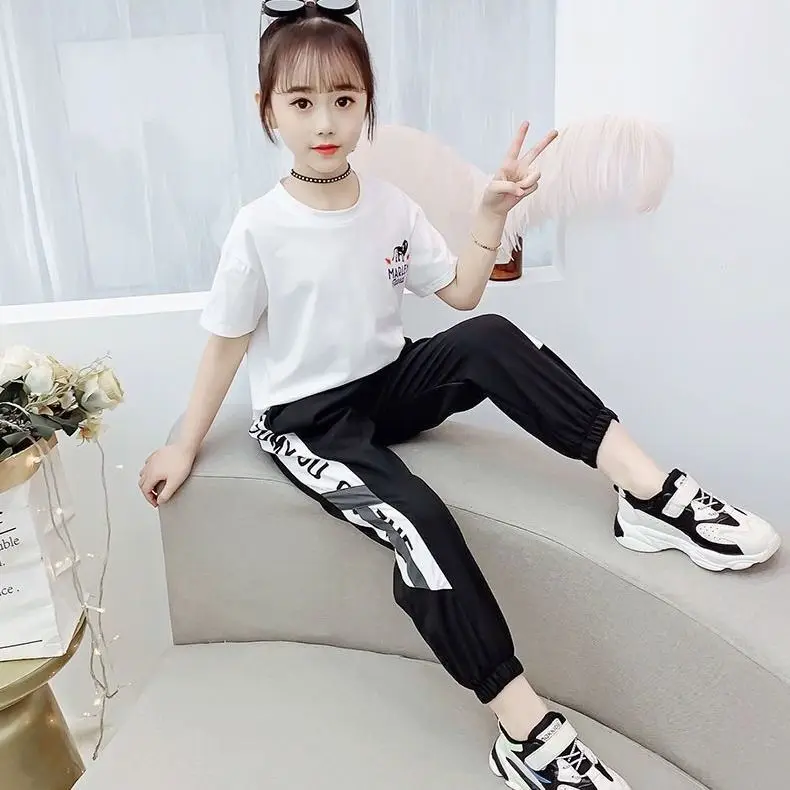 Trenirka za Dekle Leta 2020 Poletje Hop Šport Priložnostne Obleko Ženski korejska Različica Svoboden Kratek Rokav T-shirt Sopihanje 2 Delni Set