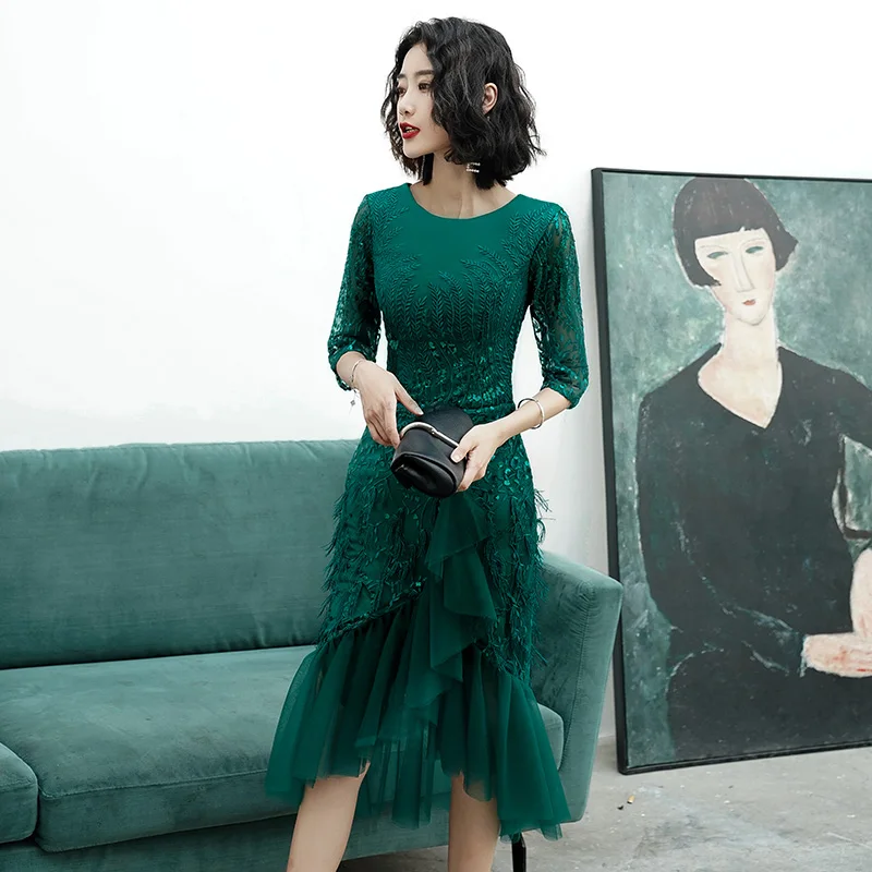 Zelena deklica Obleke Za Cocktail Party 2020 Novo Elegantno O-vratu Sequined Čipke Til Kratke Ženske Pol Formalnih Obleke