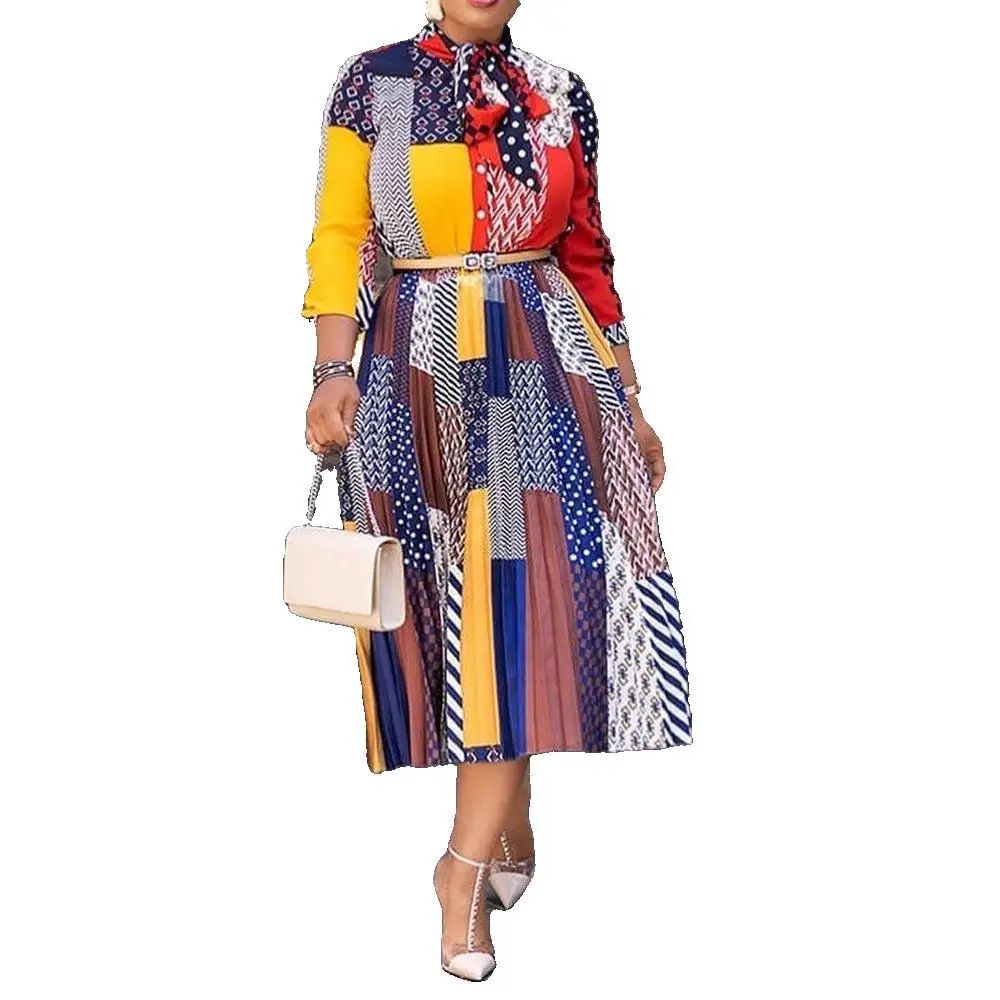 Ženske Midi Obleko Natisnjeni Naguban Tri Qua Rokavi z Bowtie Ovratnik Afriške Modni Ženski Vestidos Letnik Elegantne Obleke